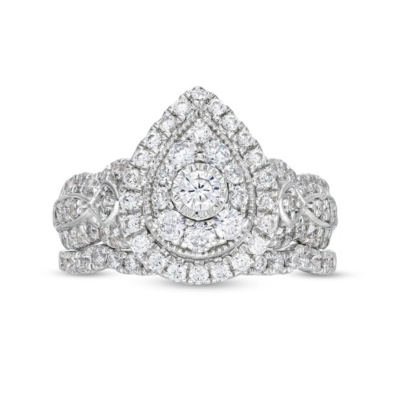 1 CT. T.w. Pear Multi-Diamond Vintage-Style Bridal Set in 10K White Gold