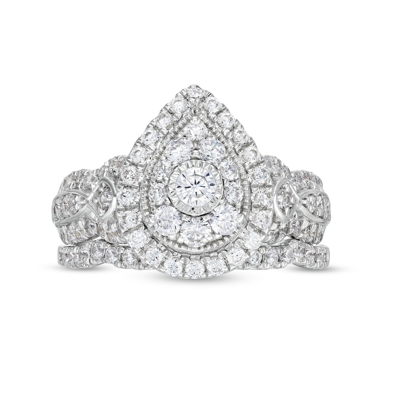 Main Image 4 of 1 CT. T.W. Pear Multi-Diamond Vintage-Style Bridal Set in 10K White Gold