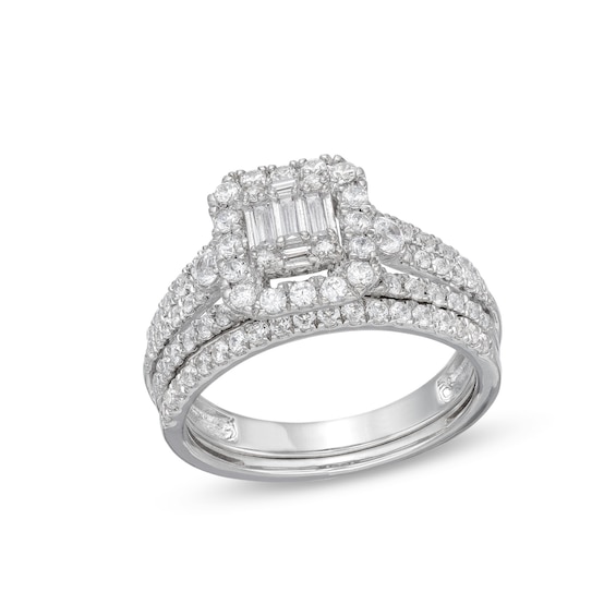 1 CT. T.w. Emerald-Shaped Multi-Diamond Frame Multi-Row Bridal Set in 10K Gold