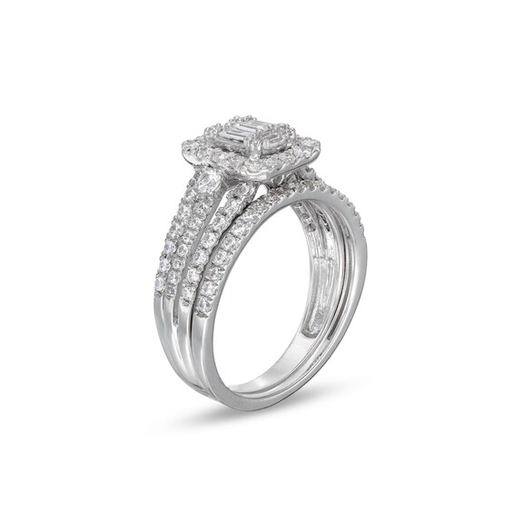 1 CT. T.w. Emerald-Shaped Multi-Diamond Frame Multi-Row Bridal Set in 10K Gold