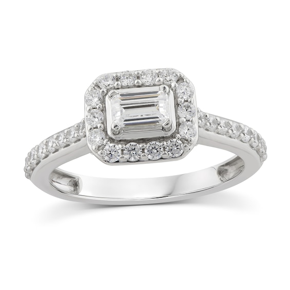 Sideways 1 CT. T.w. Emerald-Cut Diamond Frame Engagement Ring in 14K White Gold