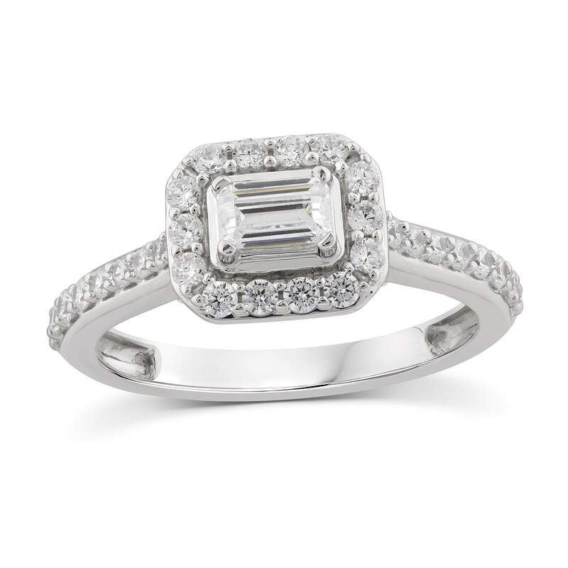 Main Image 1 of Sideways 1 CT. T.W. Emerald-Cut Diamond Frame Engagement Ring in 14K White Gold