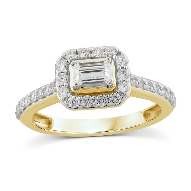 Main Image 1 of Sideways 1 CT. T.W. Emerald-Cut Diamond Frame Engagement Ring in 14K Gold