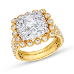 2-3/4 CT. T.W. Cushion Multi-Diamond Bubble Frame Vintage-Style Bridal Set in 10K Gold