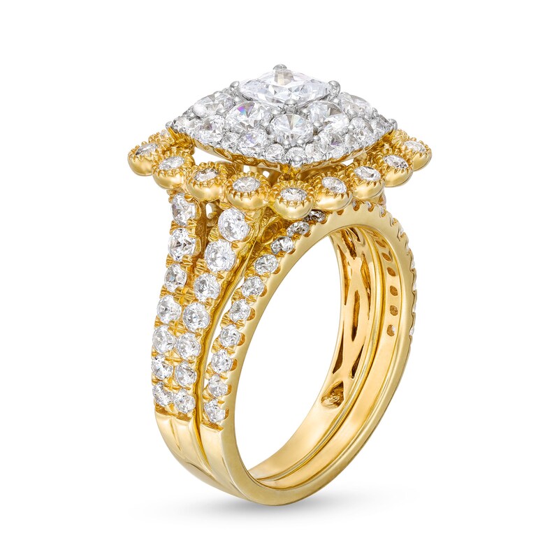 Main Image 3 of 2-3/4 CT. T.W. Cushion Multi-Diamond Bubble Frame Vintage-Style Bridal Set in 10K Gold