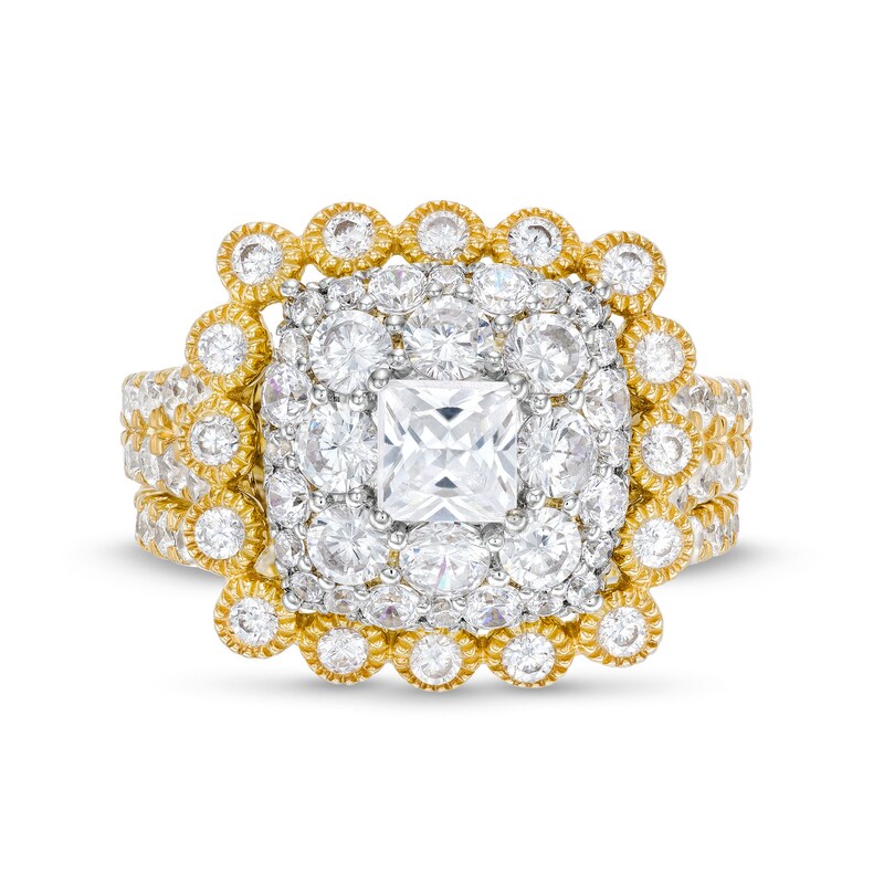 Main Image 4 of 2-3/4 CT. T.W. Cushion Multi-Diamond Bubble Frame Vintage-Style Bridal Set in 10K Gold