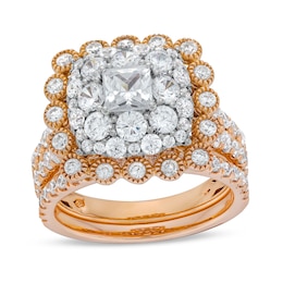 2-3/4 CT. T.W. Cushion Multi-Diamond Bubble Frame Vintage-Style Bridal Set in 10K Rose Gold