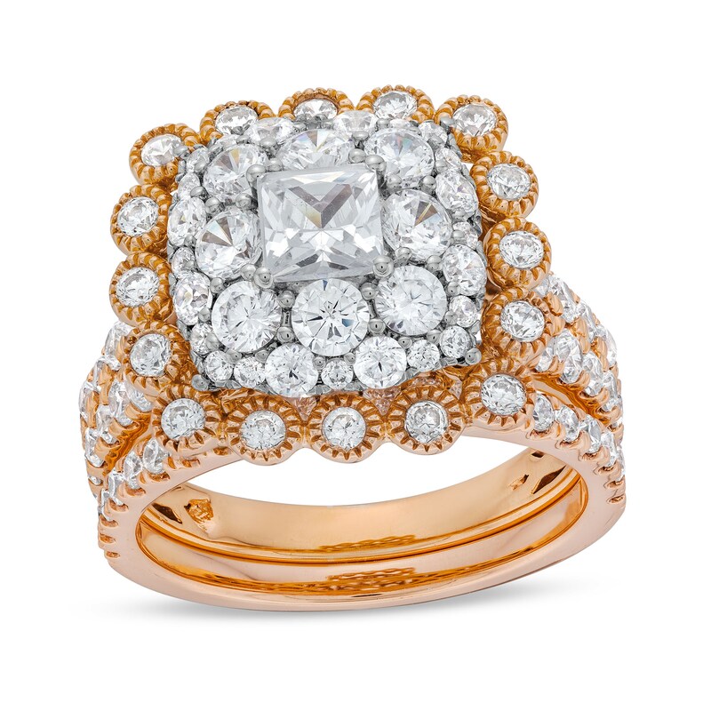Main Image 1 of 2-3/4 CT. T.W. Cushion Multi-Diamond Bubble Frame Vintage-Style Bridal Set in 10K Rose Gold