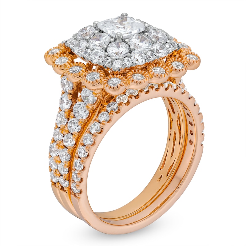 Main Image 3 of 2-3/4 CT. T.W. Cushion Multi-Diamond Bubble Frame Vintage-Style Bridal Set in 10K Rose Gold