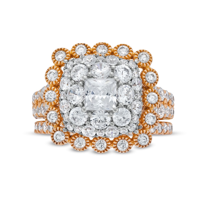 Main Image 4 of 2-3/4 CT. T.W. Cushion Multi-Diamond Bubble Frame Vintage-Style Bridal Set in 10K Rose Gold