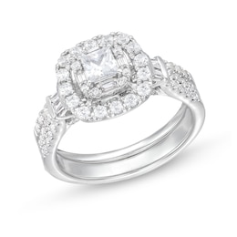 1 CT. T.W. Princess-Cut Diamond Cushion Frame Double Row Bridal Set in 10K White Gold