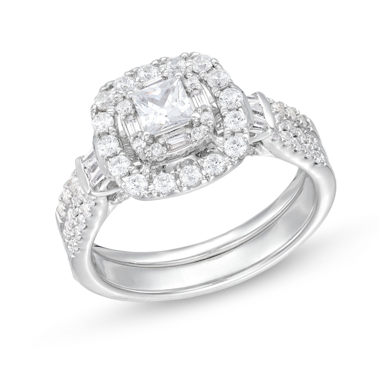 Main Image 1 of 1 CT. T.W. Princess-Cut Diamond Cushion Frame Double Row Bridal Set in 10K White Gold