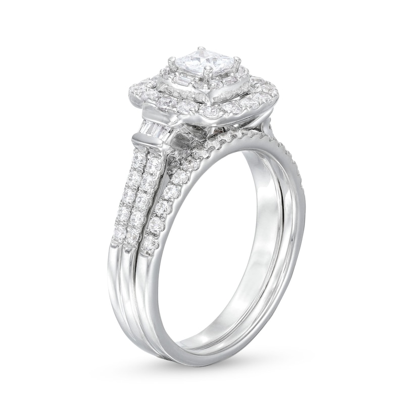 Main Image 3 of 1 CT. T.W. Princess-Cut Diamond Cushion Frame Double Row Bridal Set in 10K White Gold