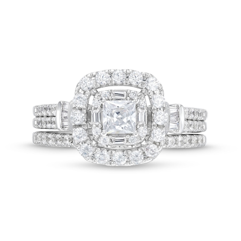 Main Image 4 of 1 CT. T.W. Princess-Cut Diamond Cushion Frame Double Row Bridal Set in 10K White Gold