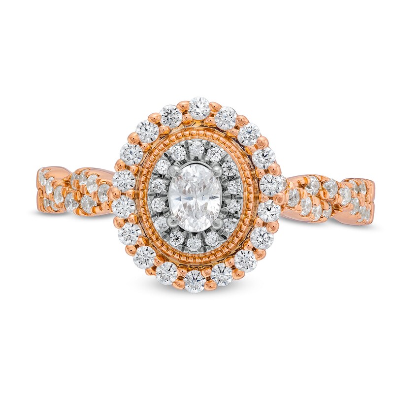 Main Image 4 of 5/8 CT. T.W. Oval Diamond Vintage-Style Frame Twist Shank Engagement Ring in 10K Rose Gold