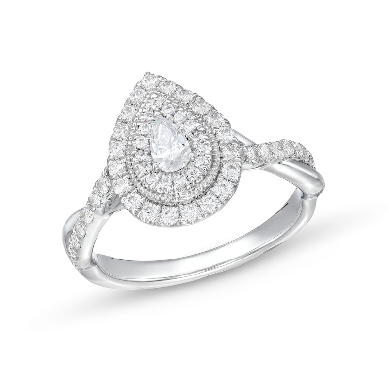 Main Image 1 of 3/4 CT. T.W. Pear-Shaped Diamond Double Frame Twist Shank Engagement Ring in 10K White Gold