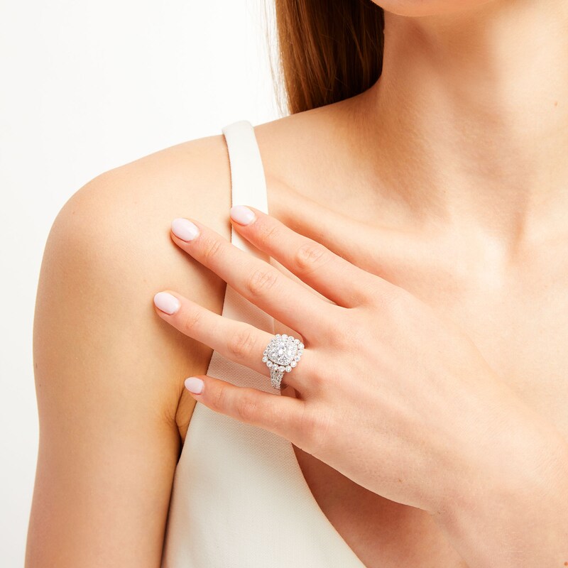 Main Image 2 of 2 CT. T.W. Cushion Multi-Diamond Bubble Frame Vintage-Style Engagement Ring in 10K White Gold