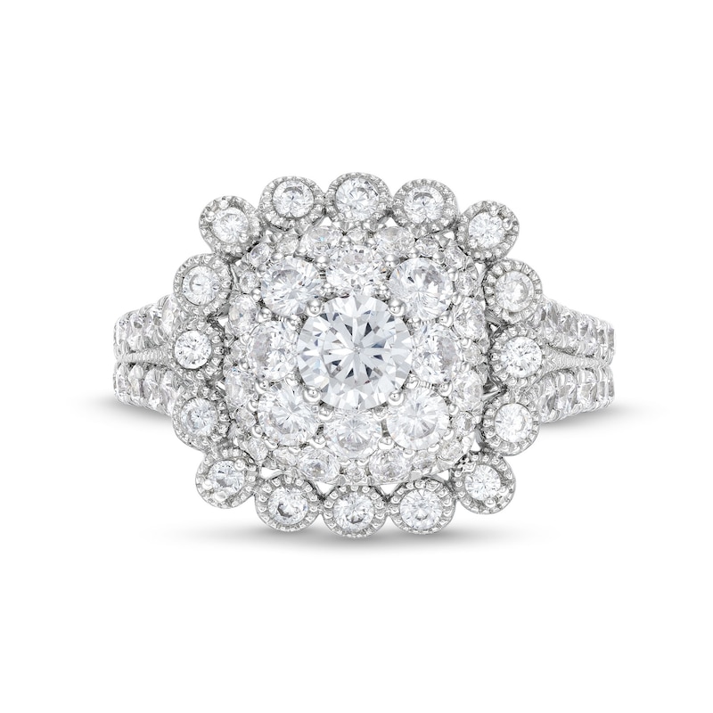 Main Image 4 of 2 CT. T.W. Cushion Multi-Diamond Bubble Frame Vintage-Style Engagement Ring in 10K White Gold