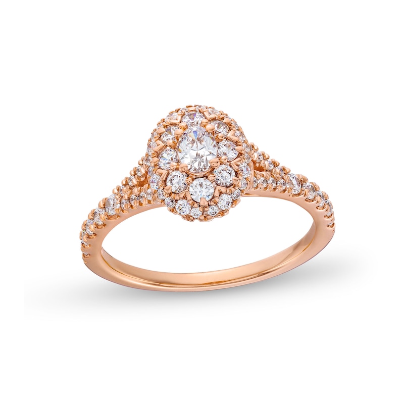 Main Image 1 of 3/4 CT. T.W. Oval Multi-Diamond Split Shank Engagement Ring in 10K Rose Gold