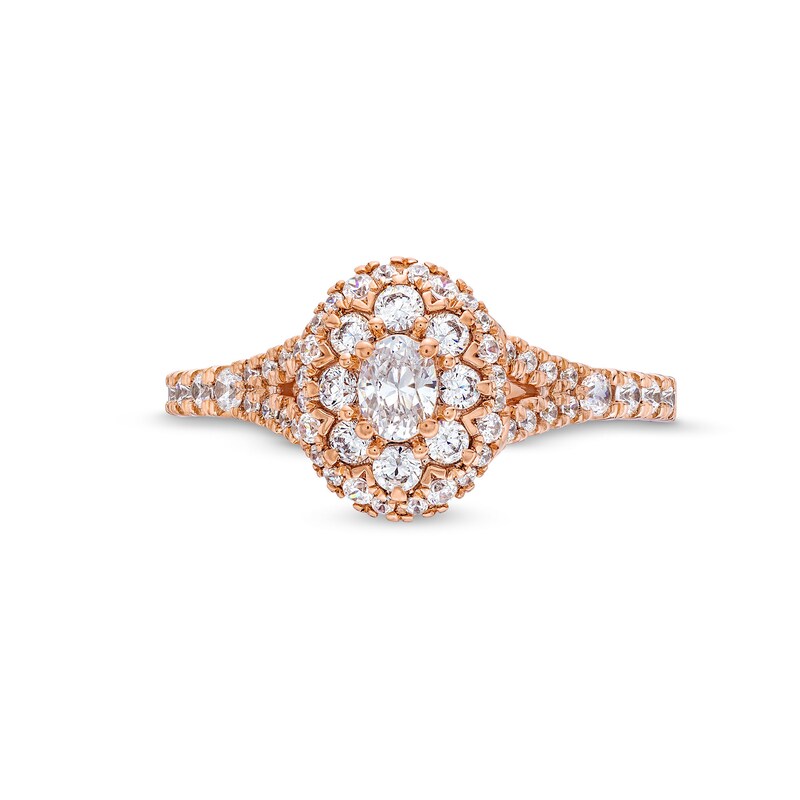 Main Image 4 of 3/4 CT. T.W. Oval Multi-Diamond Split Shank Engagement Ring in 10K Rose Gold