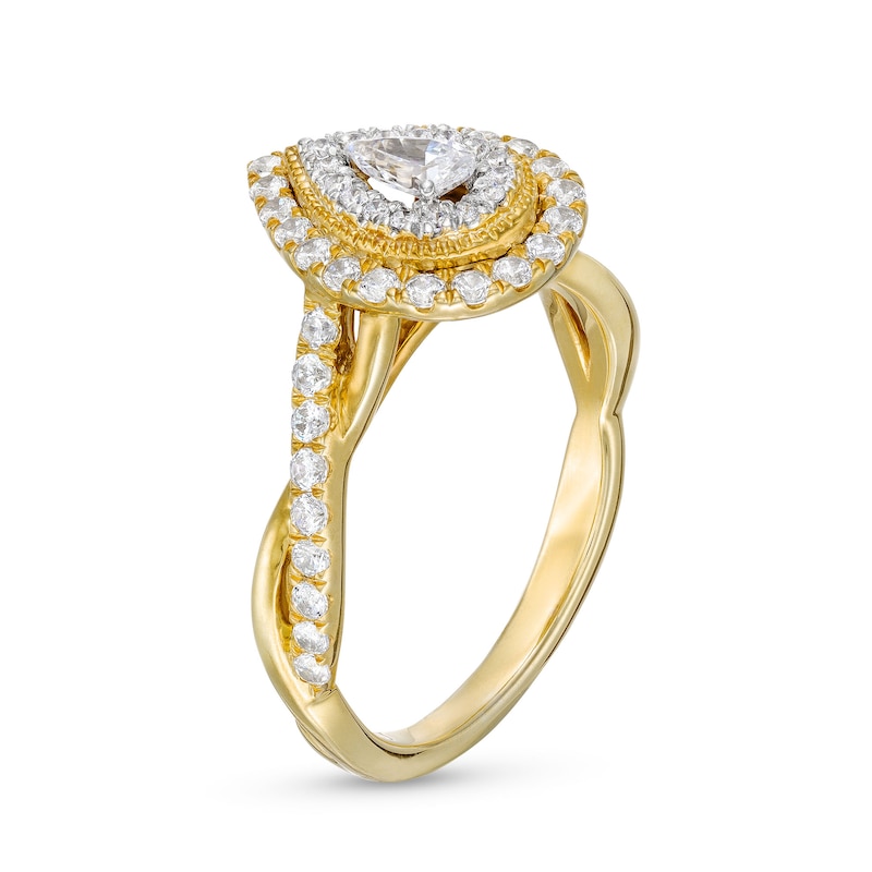 Main Image 3 of 3/4 CT. T.W. Pear-Shaped Diamond Double Frame Twist Shank Engagement Ring in 10K Gold
