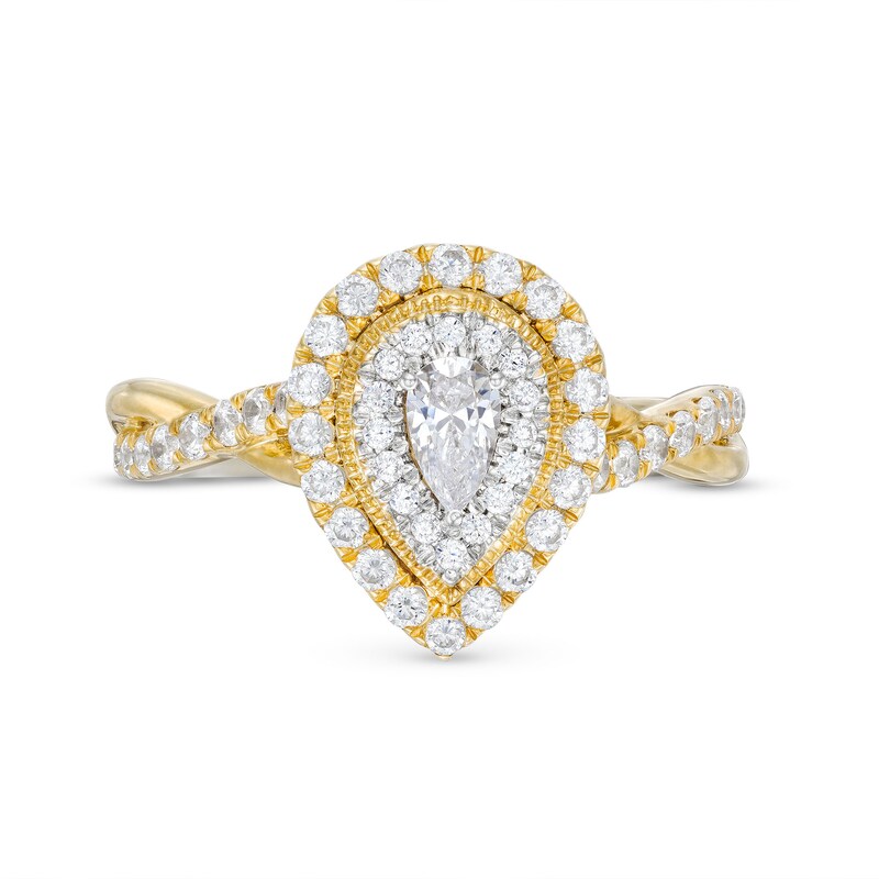 Main Image 4 of 3/4 CT. T.W. Pear-Shaped Diamond Double Frame Twist Shank Engagement Ring in 10K Gold