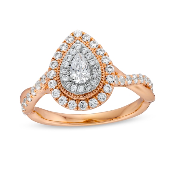 3/4 CT. T.w. Pear-Shaped Diamond Double Frame Twist Shank Engagement Ring in 10K Rose Gold
