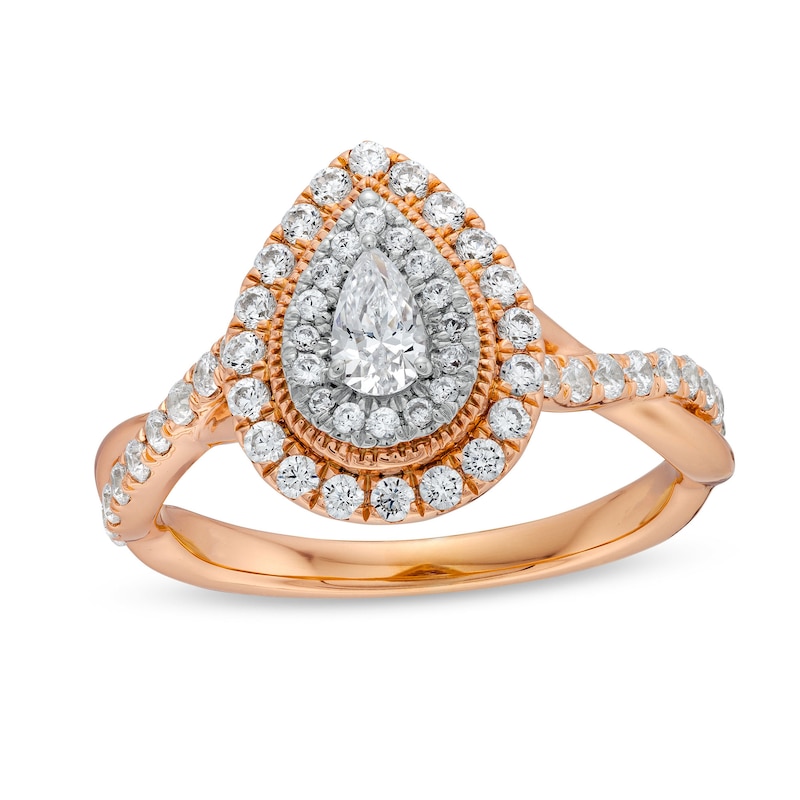 Main Image 1 of 3/4 CT. T.W. Pear-Shaped Diamond Double Frame Twist Shank Engagement Ring in 10K Rose Gold