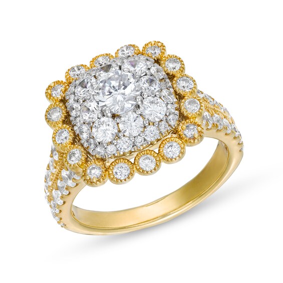 2 CT. T.w. Cushion Multi-Diamond Bubble Frame Vintage-Style Engagement Ring in 10K Gold