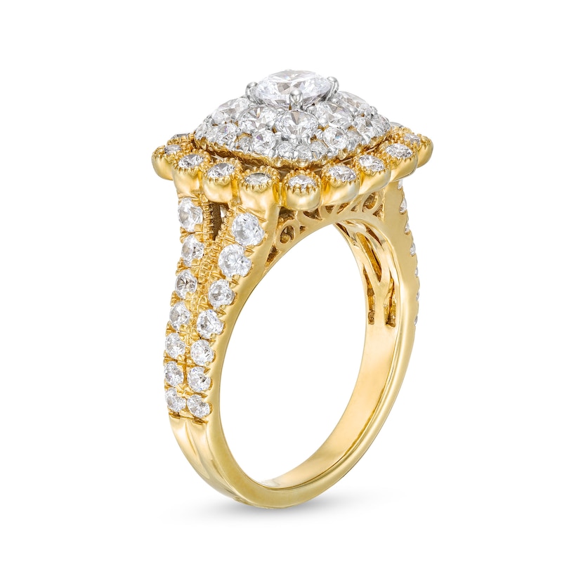 Main Image 3 of 2 CT. T.W. Cushion Multi-Diamond Bubble Frame Vintage-Style Engagement Ring in 10K Gold