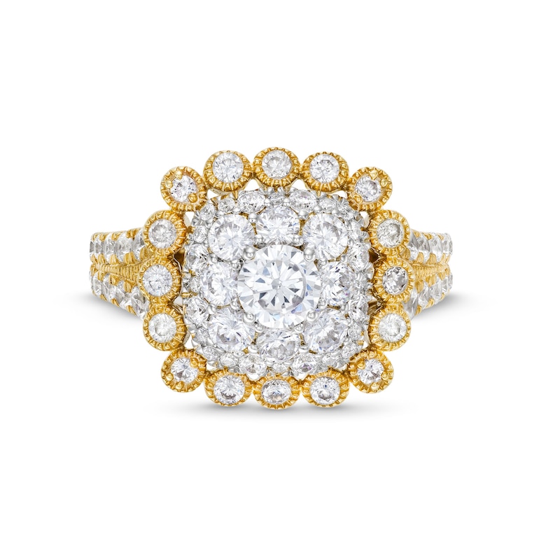 Main Image 4 of 2 CT. T.W. Cushion Multi-Diamond Bubble Frame Vintage-Style Engagement Ring in 10K Gold