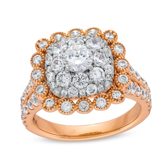 2 CT. T.w. Cushion Multi-Diamond Bubble Frame Vintage-Style Engagement Ring in 10K Rose Gold