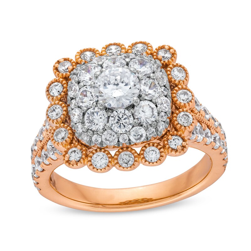 Main Image 1 of 2 CT. T.W. Cushion Multi-Diamond Bubble Frame Vintage-Style Engagement Ring in 10K Rose Gold