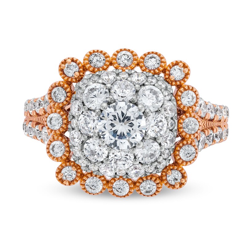 Main Image 4 of 2 CT. T.W. Cushion Multi-Diamond Bubble Frame Vintage-Style Engagement Ring in 10K Rose Gold