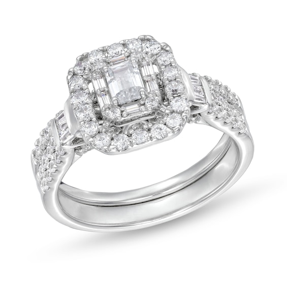 1 CT. T.w. Emerald-Cut Diamond Double Row Bridal Set in 10K White Gold