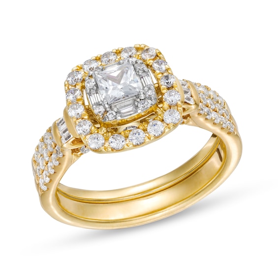 1 CT. T.w. Princess-Cut Diamond Cushion Frame Double Row Bridal Set in 10K Gold