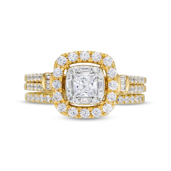 1 CT. T.w. Princess-Cut Diamond Cushion Frame Double Row Bridal Set in 10K Gold