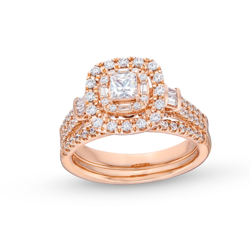 Main Image 1 of 1 CT. T.W. Princess-Cut Diamond Cushion Frame Double Row Bridal Set in 10K Rose Gold
