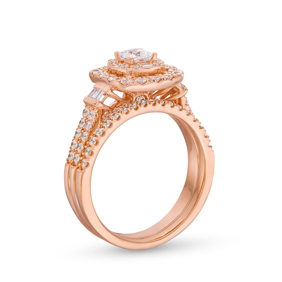 1 CT. T.w. Princess-Cut Diamond Cushion Frame Double Row Bridal Set in 10K Rose Gold
