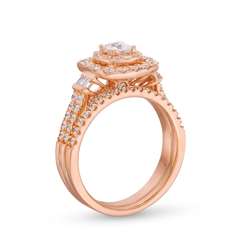 Main Image 3 of 1 CT. T.W. Princess-Cut Diamond Cushion Frame Double Row Bridal Set in 10K Rose Gold