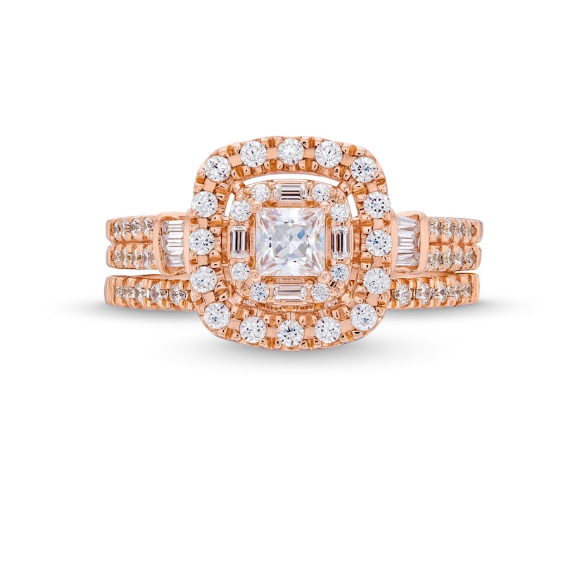 Main Image 4 of 1 CT. T.W. Princess-Cut Diamond Cushion Frame Double Row Bridal Set in 10K Rose Gold