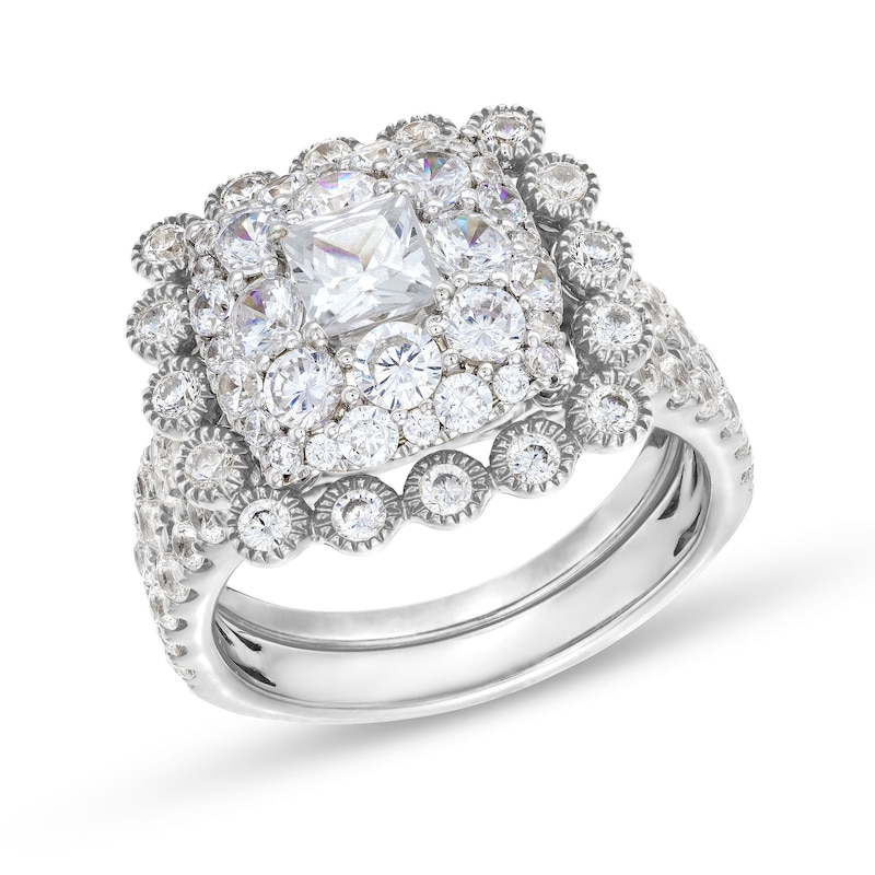 Main Image 1 of 2-3/4 CT. T.W. Cushion Multi-Diamond Bubble Frame Vintage-Style Bridal Set in 10K White Gold