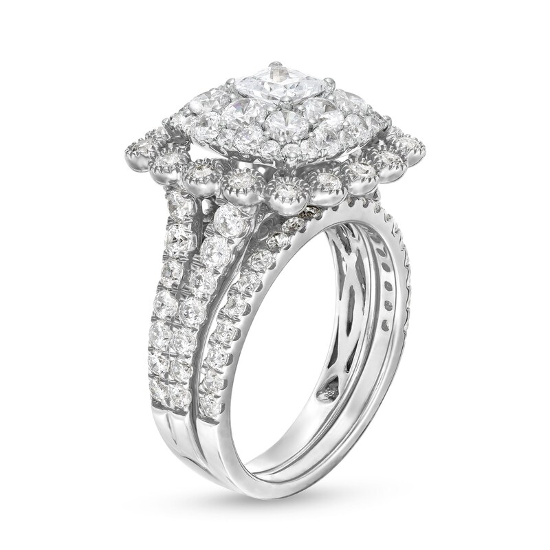 Main Image 3 of 2-3/4 CT. T.W. Cushion Multi-Diamond Bubble Frame Vintage-Style Bridal Set in 10K White Gold