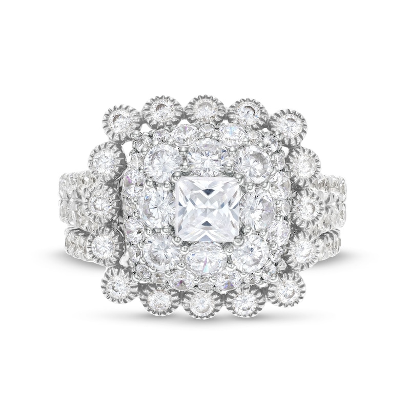 Main Image 4 of 2-3/4 CT. T.W. Cushion Multi-Diamond Bubble Frame Vintage-Style Bridal Set in 10K White Gold