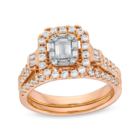 1 CT. T.w. Emerald-Cut Diamond Double Row Bridal Set in 10K Rose Gold