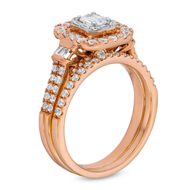 Main Image 3 of 1 CT. T.W. Emerald-Cut Diamond Double Row Bridal Set in 10K Rose Gold