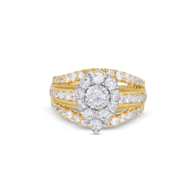 Main Image 3 of 2 CT. T.W. Pear Multi-Diamond Vintage-Style Multi-Row Shank Engagement Ring in 10K Gold