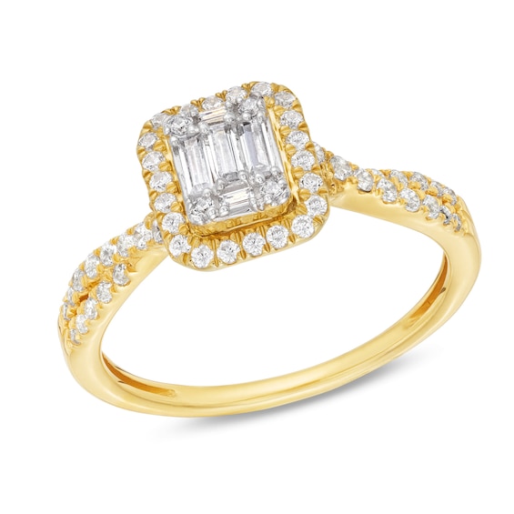 1/2 CT. T.w. Emerald-Shaped Multi-Diamond Frame Twist Shank Engagement Ring in 10K Gold