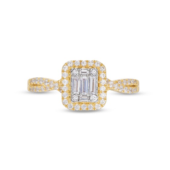 1/2 CT. T.w. Emerald-Shaped Multi-Diamond Frame Twist Shank Engagement Ring in 10K Gold