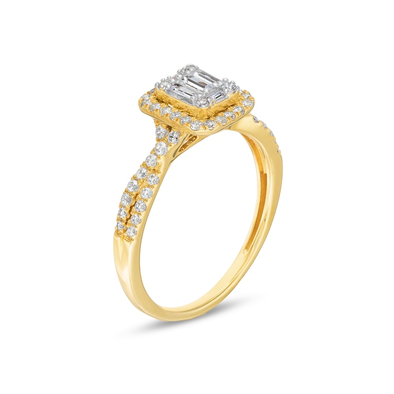 1/2 CT. T.W. Emerald-Shaped Multi-Diamond Frame Twist Shank Engagement Ring in 10K Gold